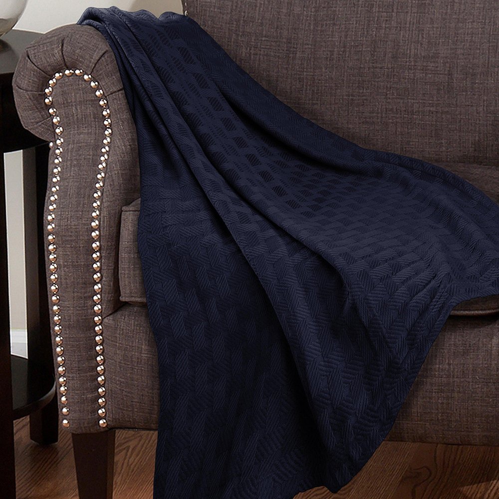 California King Navy Blue Cotton Basketweave Geometric Blanket