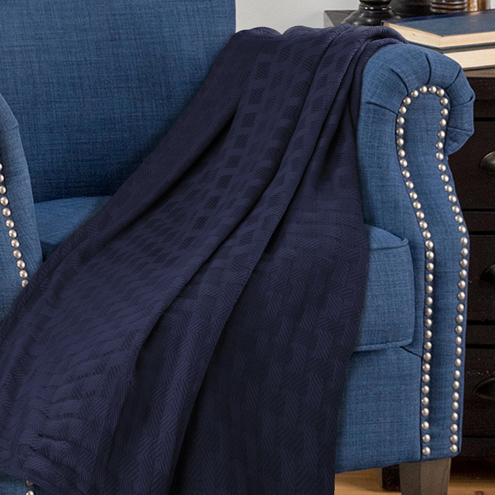 California King Navy Blue Cotton Basketweave Geometric Blanket
