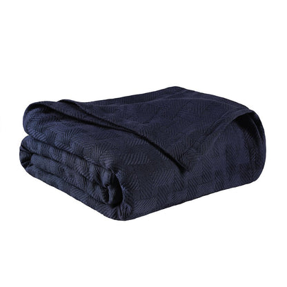 Queen Navy Blue Geometric Cotton Basketweave Blanket