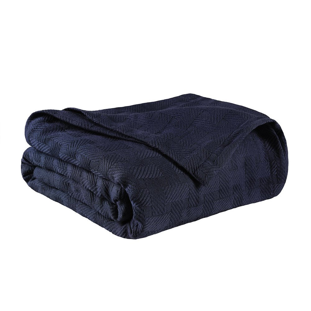 Queen Navy Blue Geometric Cotton Basketweave Blanket