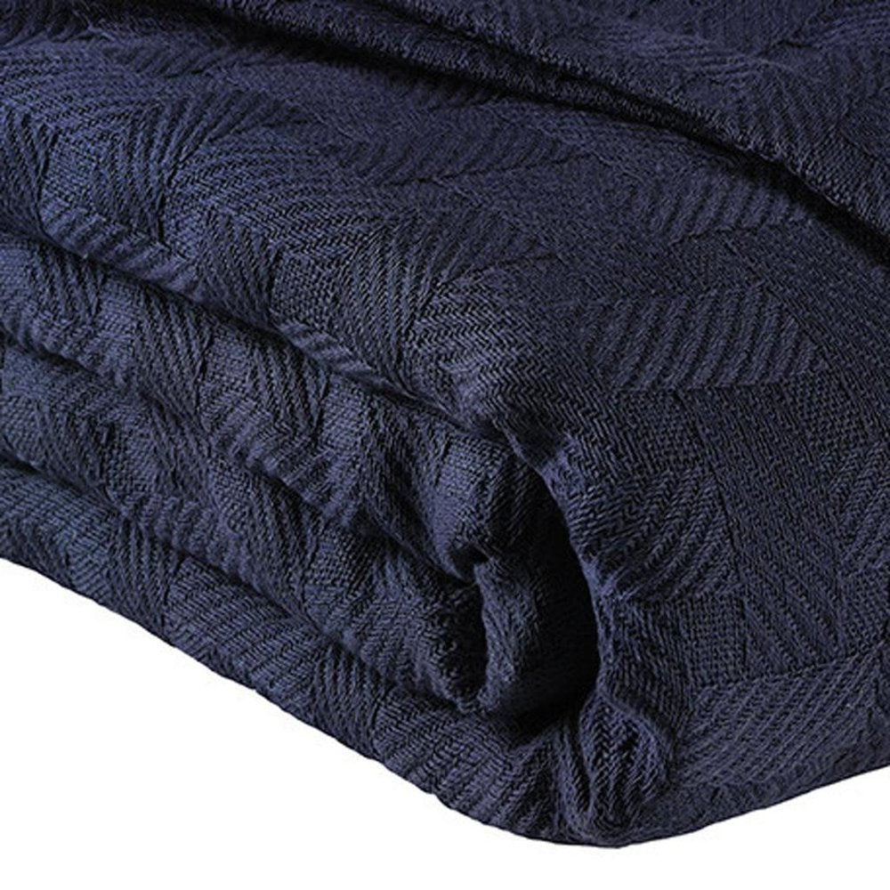 Queen Navy Blue Geometric Cotton Basketweave Blanket