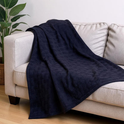 Queen Navy Blue Geometric Cotton Basketweave Blanket