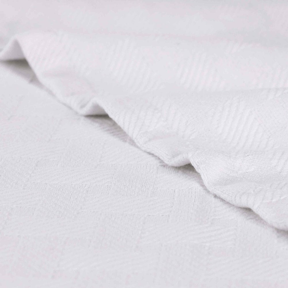 Queen White Cotton Basketweave Geometric Blanket