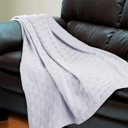 Queen White Cotton Basketweave Geometric Blanket