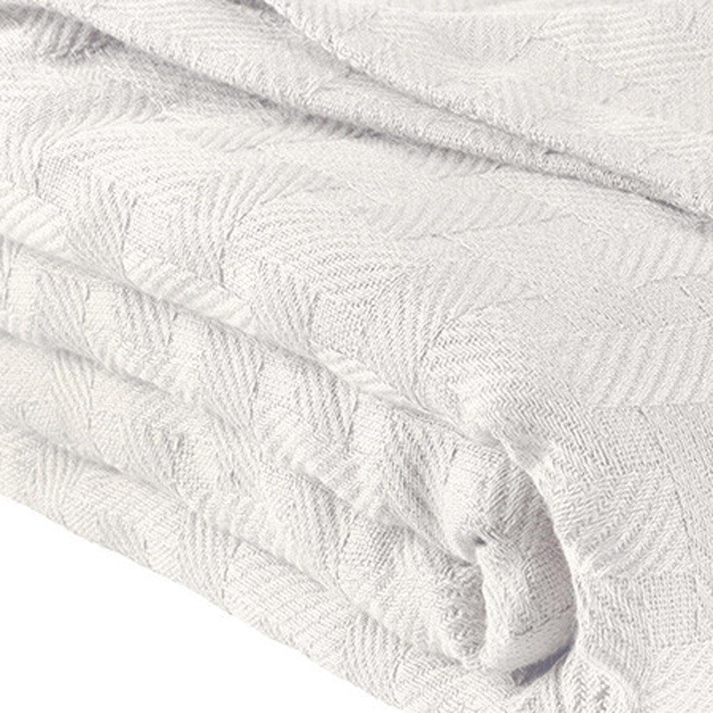 Queen White Cotton Basketweave Geometric Blanket
