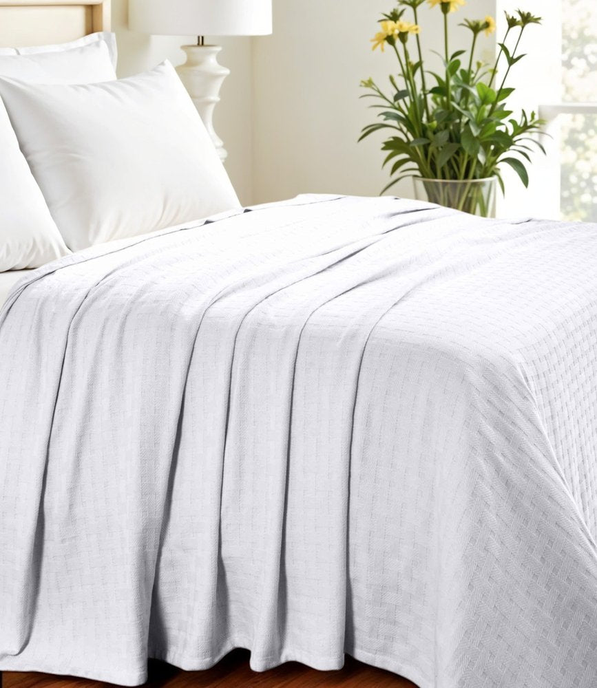 King White Cotton Basketweave Geometric Blanket