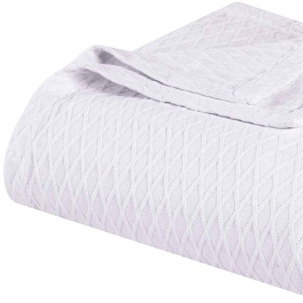 Queen White Cotton Plain Weave Geometric Blanket