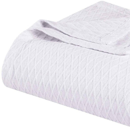 Queen White Cotton Plain Weave Geometric Blanket