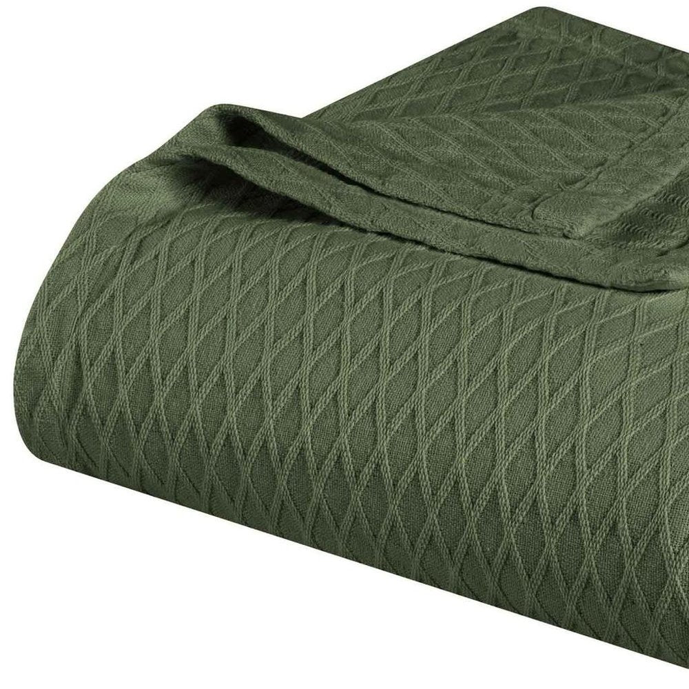 King Forest Green Cotton Plain Weave Geometric Blanket