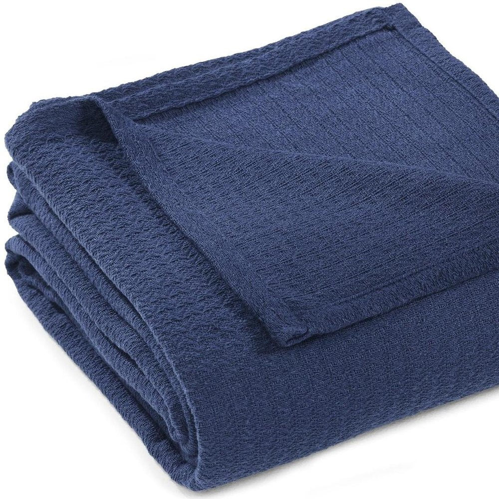 King Navy Blue Cotton Waffle Weave Blanket