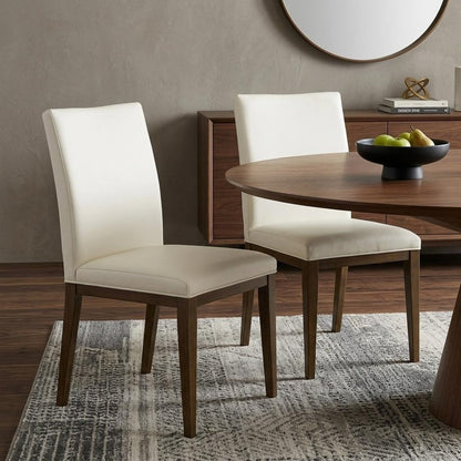 Set of Two White and Brown Leather Dining Side Chairs