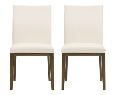 Set of Two White and Brown Leather Dining Side Chairs