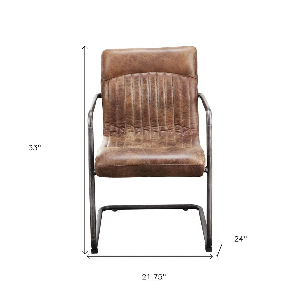 Set of Two Brown and Black Leather Dining Arm Chairs