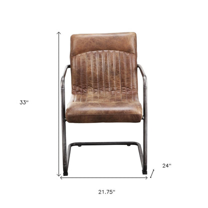 Set of Two Brown and Black Leather Dining Arm Chairs