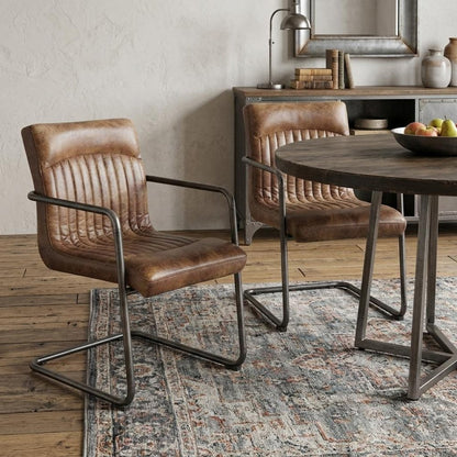 Set of Two Brown and Black Leather Dining Arm Chairs