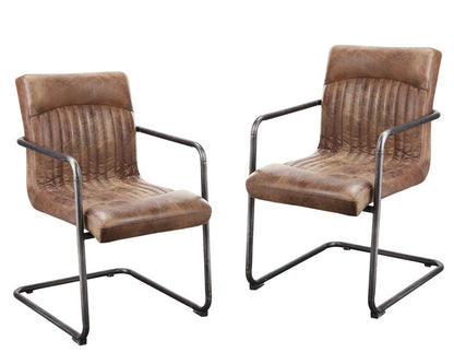 Set of Two Brown and Black Leather Dining Arm Chairs