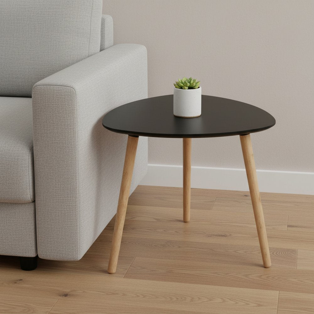 Set of Two Black and Natural Wood Triangular End Tables