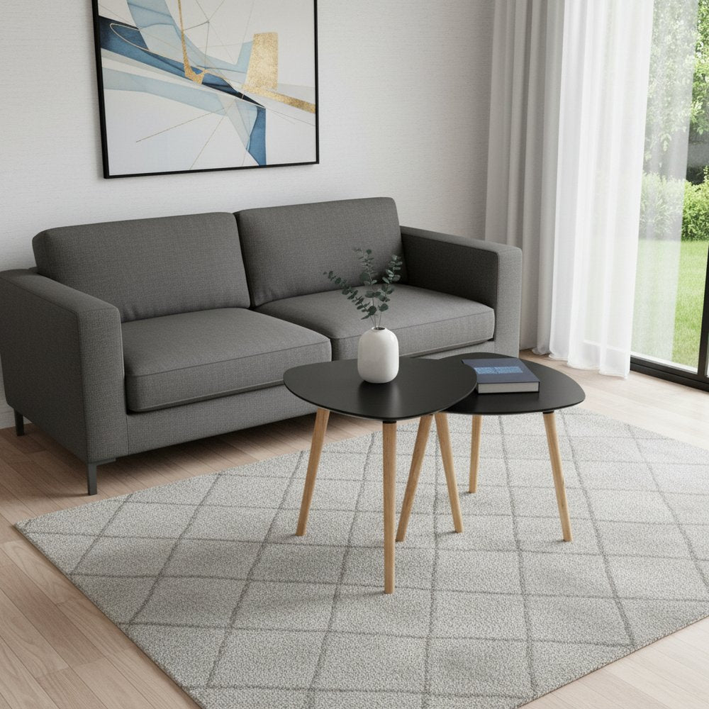 Set of Two Black and Natural Wood Triangular End Tables