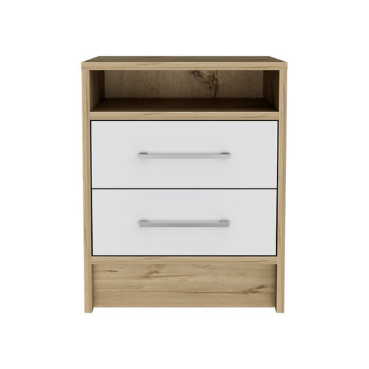 20" White And Natural Wood Two Drawer Nightstand