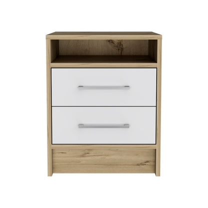 20" White And Natural Wood Two Drawer Nightstand
