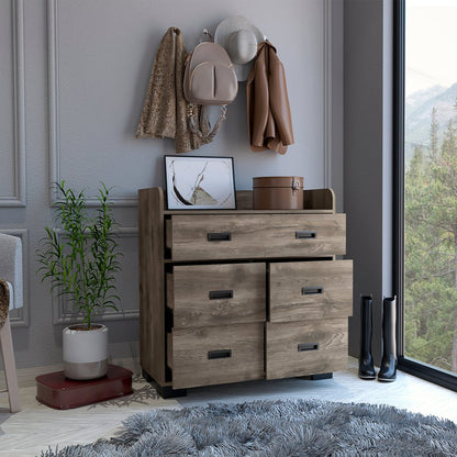 33" Dark Brown Wood Five Drawer Double Dresser
