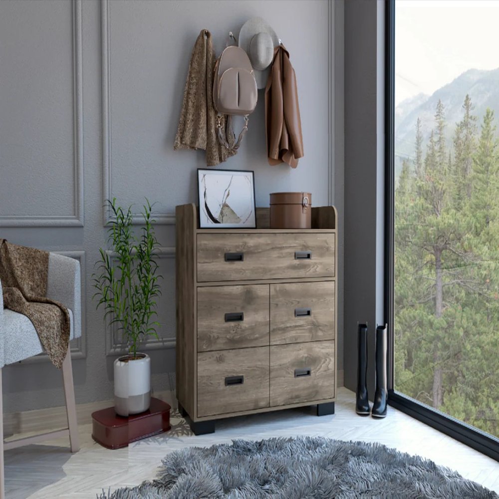33" Dark Brown Wood Five Drawer Double Dresser