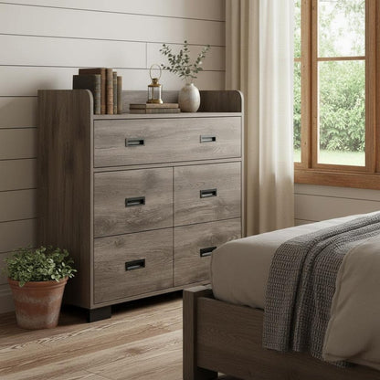 33" Dark Brown Wood Five Drawer Double Dresser