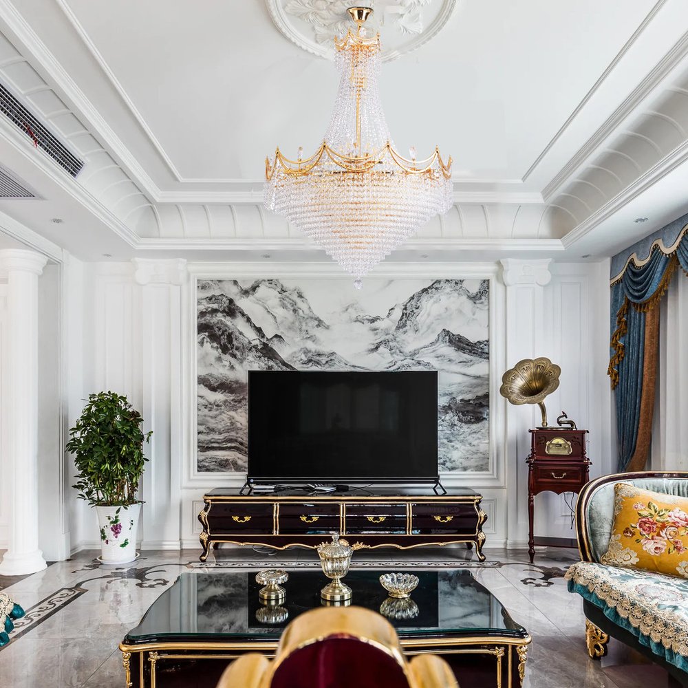 Clear And Gold Empire Multi Light Crystal and Metal Dimmable Chandelier