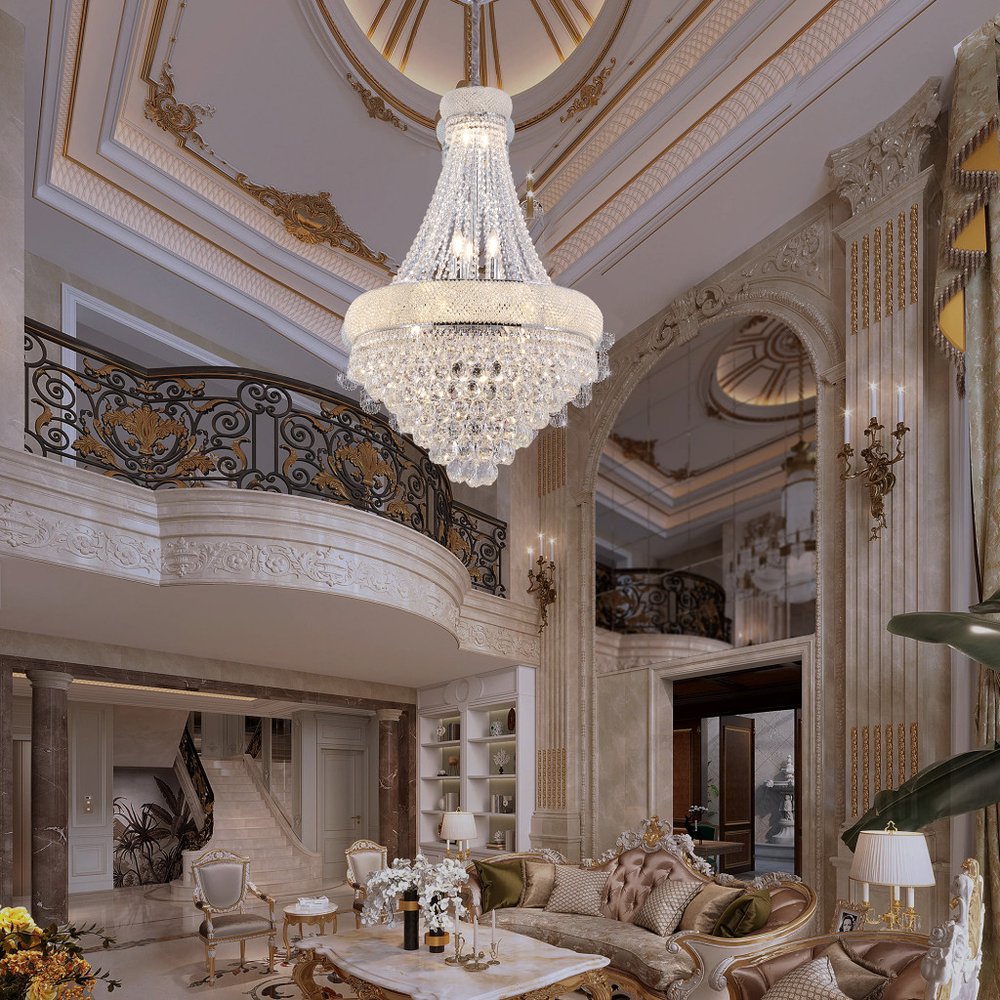 Clear And Silver Empire Multi Light Crystal and Metal Dimmable Chandelier