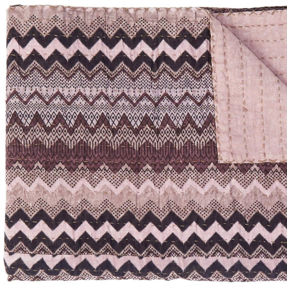 50" X 70" Black And Pink Cotton Kantha Chevron Throw Blanket
