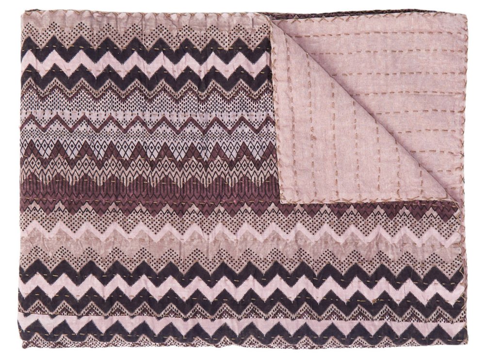 50" X 70" Black And Pink Cotton Kantha Chevron Throw Blanket