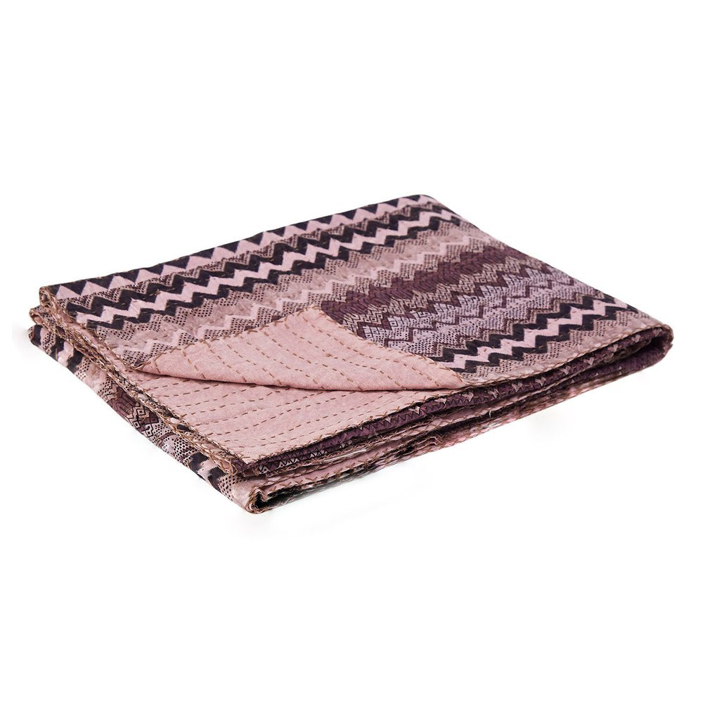 50" X 70" Black And Pink Cotton Kantha Chevron Throw Blanket