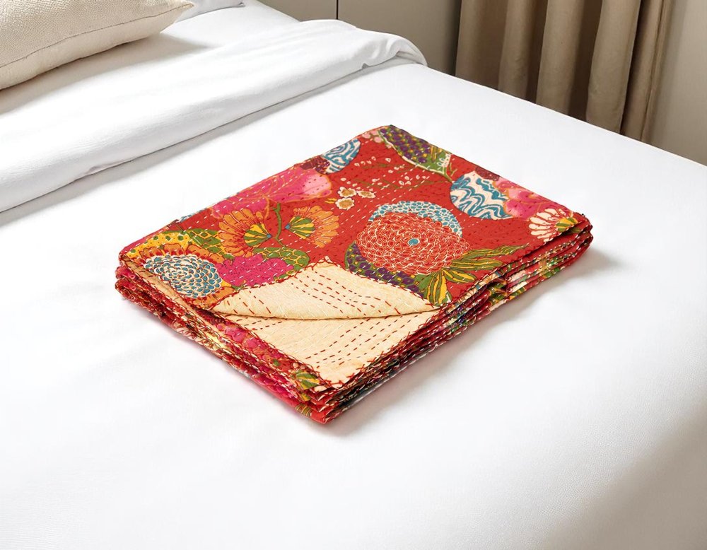 50" X 70" Blue Green And Red Floral Cotton Quilted Kantha Throw Blanket with Embroidery