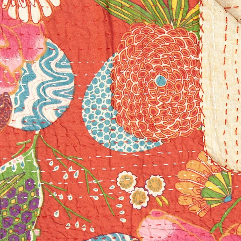 50" X 70" Blue Green And Red Floral Cotton Quilted Kantha Throw Blanket with Embroidery