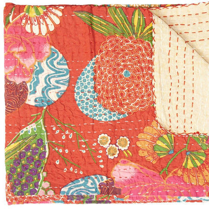 50" X 70" Blue Green And Red Floral Cotton Quilted Kantha Throw Blanket with Embroidery