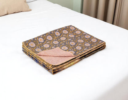 50" X 70" Gray And Yellow Floral Cotton Quilted Kantha Throw Blanket with Embroidery