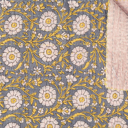 50" X 70" Gray And Yellow Floral Cotton Quilted Kantha Throw Blanket with Embroidery