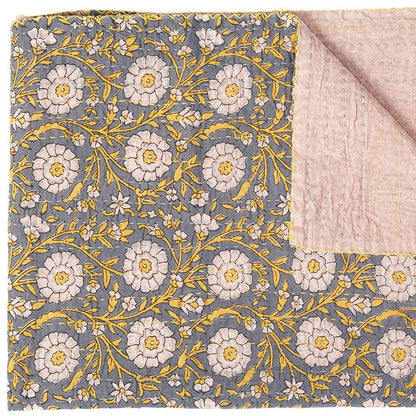 50" X 70" Gray And Yellow Floral Cotton Quilted Kantha Throw Blanket with Embroidery