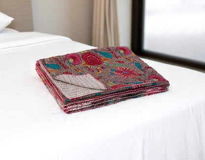 50" X 70" Gray And Yellow Floral Cotton Quilted Kantha Throw Blanket with Embroidery