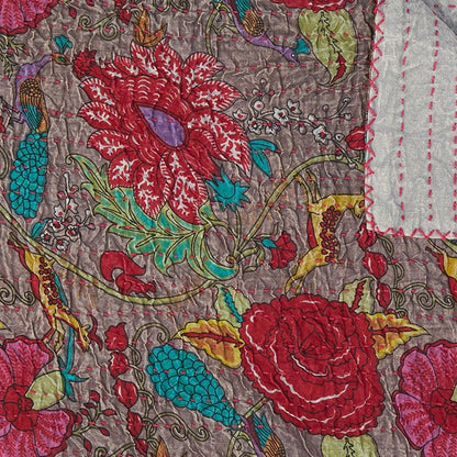50" X 70" Gray And Yellow Floral Cotton Quilted Kantha Throw Blanket with Embroidery