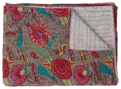 50" X 70" Gray And Yellow Floral Cotton Quilted Kantha Throw Blanket with Embroidery