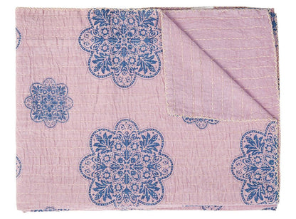 50" X 70" Blue And Pink Floral Cotton Quilted Kantha Throw Blanket with Embroidery