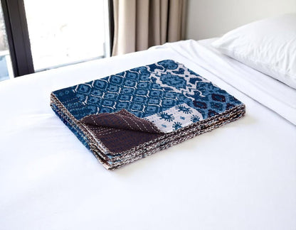 50" X 70" Blue And Pink Floral Cotton Quilted Kantha Throw Blanket with Embroidery
