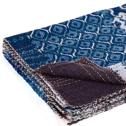 50" X 70" Blue And Pink Floral Cotton Quilted Kantha Throw Blanket with Embroidery