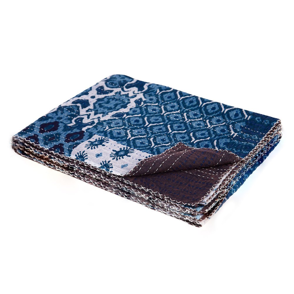 50" X 70" Blue And Pink Floral Cotton Quilted Kantha Throw Blanket with Embroidery