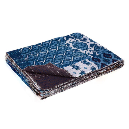 50" X 70" Blue And Pink Floral Cotton Quilted Kantha Throw Blanket with Embroidery