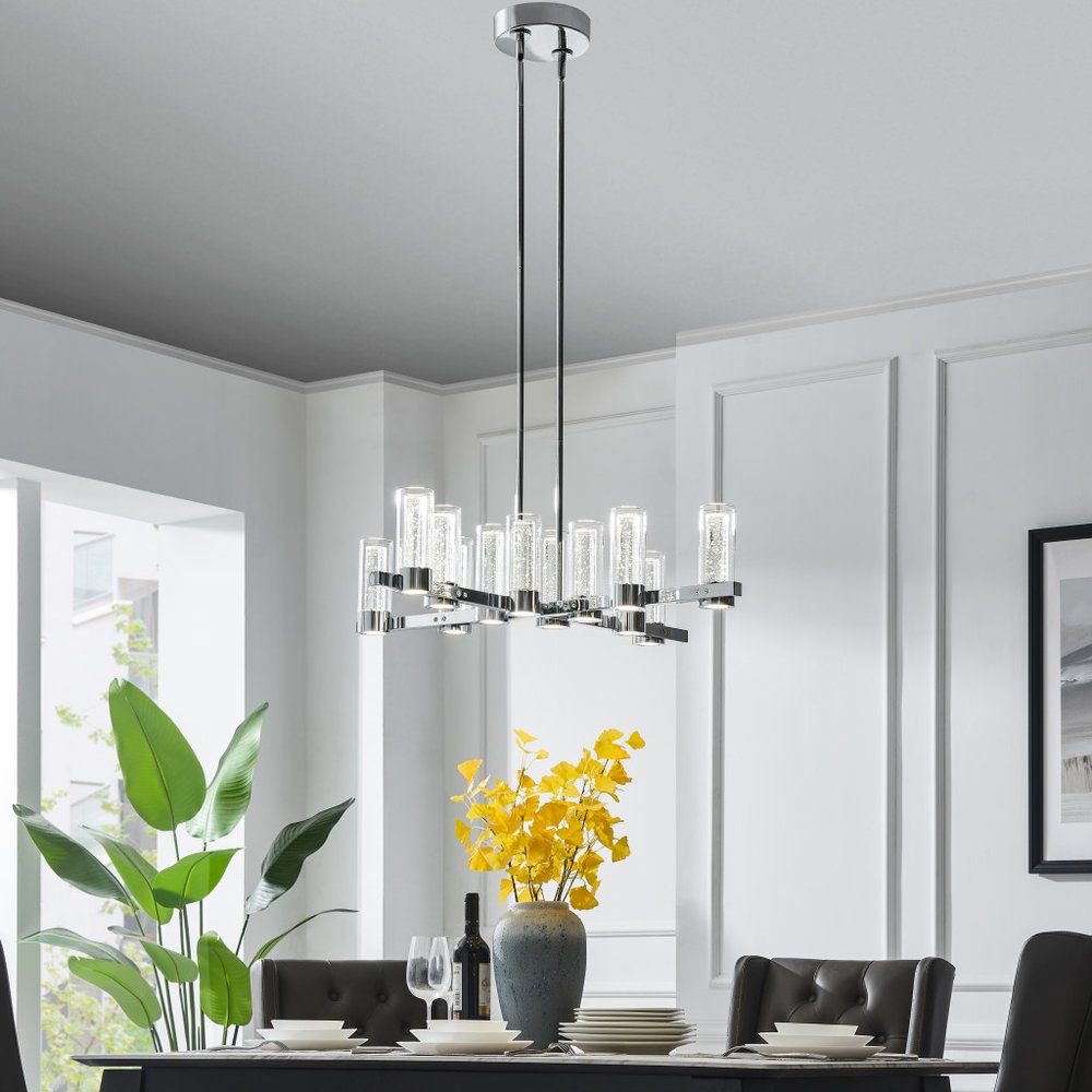 Silver And Clear Candle Style Twelve Light Transparent Metal LED Dimmable Chandelier With Clear Shades