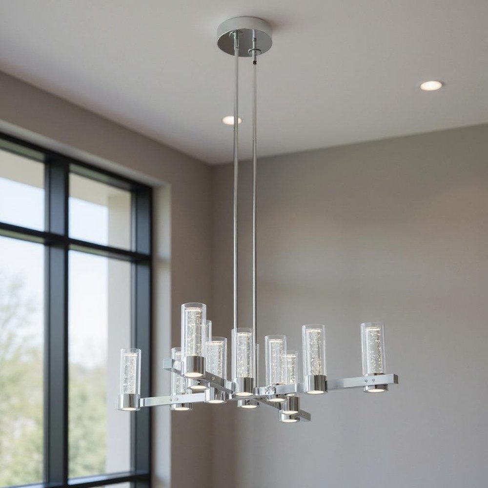 Silver And Clear Candle Style Twelve Light Transparent Metal LED Dimmable Chandelier With Clear Shades