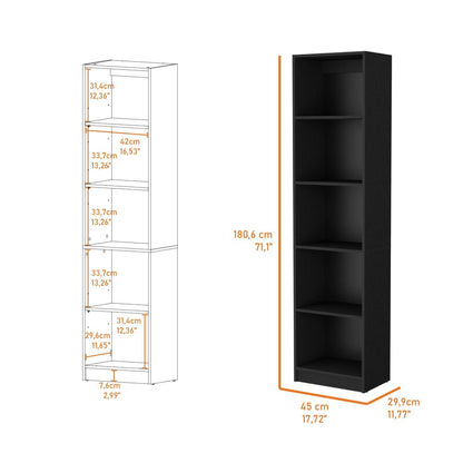 70" Black Wood Five Tier Bookcase