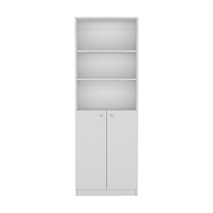 71" White Wood Three Tier Bookcase with Two Doors